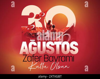 Vector illustration of a  patriotic Turkish woman is celebrating Victory Day together with people. '30 Ağustos Zafer Bayramı Kutlu Olsun (translate: h Stock Vector