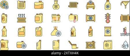 Antifreeze liquid in bottles and cans for cooling engine and preventing freezing icons set vector Stock Vector