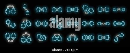 Set of neon blue handcuffs icons is glowing on a dark background, representing different types of restraints Stock Vector