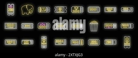 Glowing neon zoo tickets icons set representing visiting zoo park Stock Vector