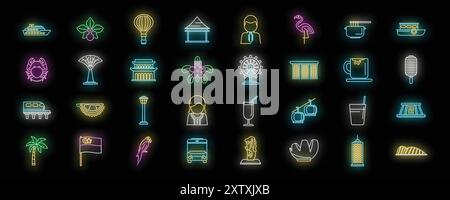 Vibrant neon icons representing singapore's diverse culture, iconic landmarks, and modern lifestyle Stock Vector
