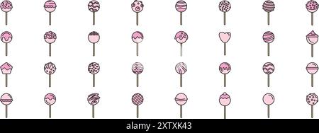 Vector line icons of various cake pops with pink frosting and different toppings Stock Vector