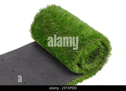 Roll of Synthetic Grass Turf on White Background Stock Photo