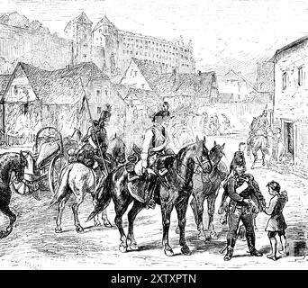 Prussian cavalry gathers, ready to march, soldiers in uniform, luggage, square, building, farewell, child, woman, cityscape, castle, Prussia, historic Stock Photo