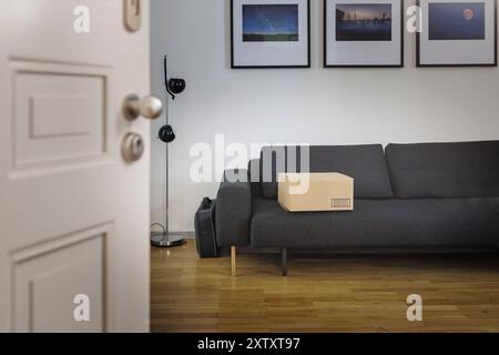 Ein Paket liegt auf einem Sofa in einer Wohnung in Berlin, 08.08.2024. Berlin Deutschland *** A package lies on a sofa in an apartment in Berlin, 08 0 Stock Photo