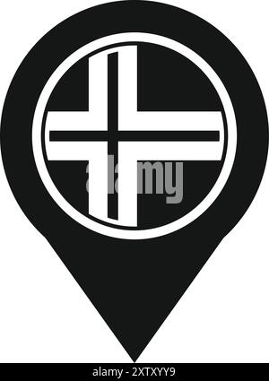 Black gps pointer icon with a white cross in the center, indicating the location of a hospital, clinic, or other medical facility Stock Vector