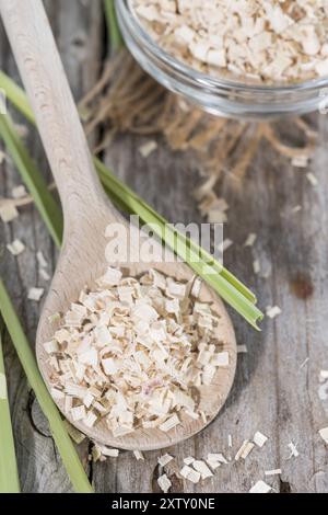 Dried Lemon Glass (close-up shot) on wooden background Stock Photo