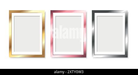 Set of modern metallic colored picture frames isolated on white background. Golden, pink and silver frame borders for poster, painting, photo. Vector Stock Vector