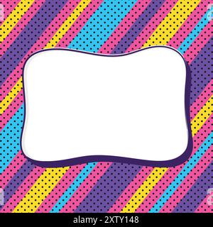 Retro pop art style bright background with empty frame for text. Background with copy space decorated with stripes and dots. Vector illustration Stock Vector