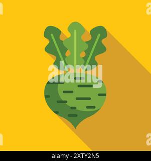 Minimalist flat vector graphic icon of a green turnip with long shadow on yellow background Stock Vector
