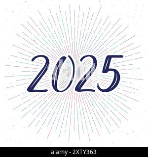 2025 handwritten calligraphic vector numbers. Multicolored fireworks in the background. Happy New Year. Stock Vector