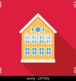 Simple vector illustration of a yellow city house with a snow covered roof casting a long shadow on a red background Stock Vector