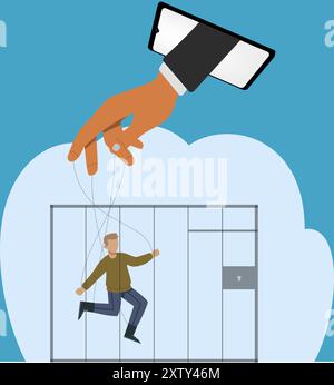 Illustration of a man being a puppet controlled by a cell phone. Cell phones turn humans into puppets. Artificial intelligence manipulates humans. Stock Vector