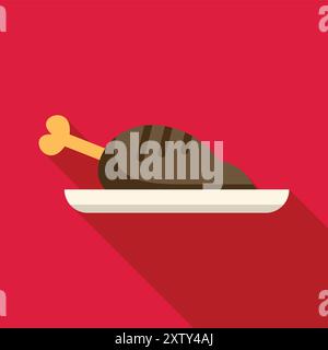 Simple yet appetizing icon of a grilled chicken leg served on a plate, set against a vibrant red background Stock Vector