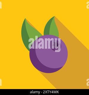 Ripe blueberry with two leaves casting a shadow on a yellow background Stock Vector