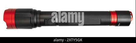 Isolated flashlight that is long and powerful seen from the on and off switch side. Stock Photo
