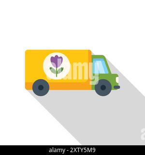 Simple flat illustration of a delivery truck with a flower logo, perfect for representing a flower shop or delivery service Stock Vector