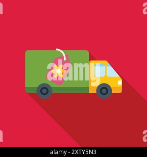 Flat design icon of a delivery truck carrying a big price tag with a flower logo, concept for online flower shop and delivery service Stock Vector