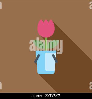 Minimalist flat design icon of a pink tulip growing in a blue flower pot, with a long shadow on a brown background Stock Vector