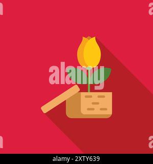 Yellow tulip growing from an opened cardboard box on a red background Stock Vector