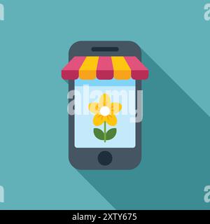 Smartphone is showing an online flower shop with a striped awning, symbolizing e commerce for plants and flowers Stock Vector