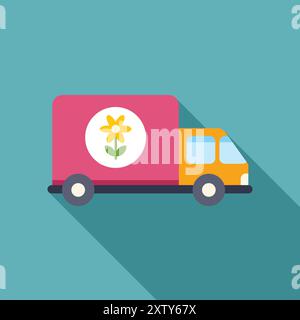 Simple flat design delivery truck carrying a flower, ideal for representing a flower shop delivery service Stock Vector