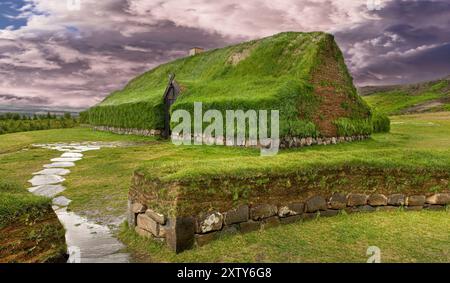 Historical Reconstruction of an Icelandic Turf Farm, Iceland Stock Photo