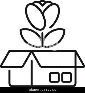 Line icon of a flower growing from an opened cardboard box, representing the excitement and satisfaction of the unboxing experience Stock Vector