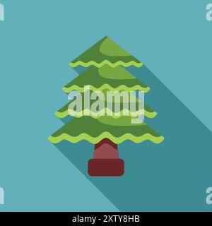 This minimalist vector illustration features a stylized green pine tree casting a long shadow against a vibrant blue background Stock Vector