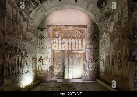 Temple of Abydos, temple of Seti I, inner sanctum with relief and paintings, west bank of Nile, Sohag(Suhag,Suhaj), Egypt, North Africa, Africa Stock Photo