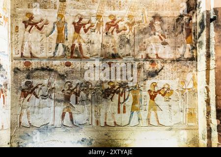 Temple of Abydos, temple of Seti I, inner sanctum, relief and paintings, west bank of Nile, Sohag(Suhag,Suhaj), Egypt, North Africa, Africa Stock Photo