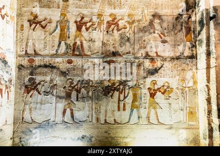 Temple of Abydos, temple of Seti I, inner sanctum, relief and paintings, west bank of Nile, Sohag(Suhag,Suhaj), Egypt, North Africa, Africa Stock Photo