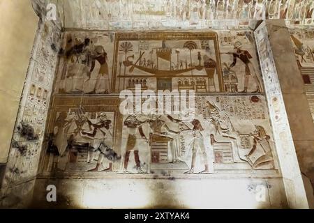 Temple of Abydos, temple of Seti I, inner sanctum, relief and paintings, west bank of Nile, Sohag(Suhag,Suhaj), Egypt, North Africa, Africa Stock Photo