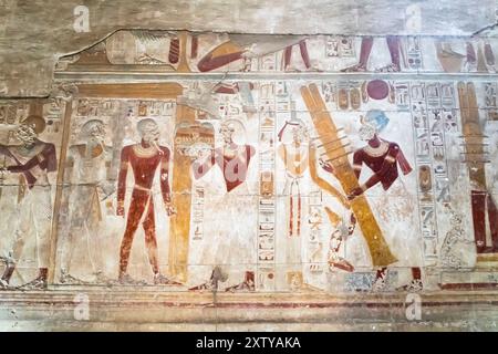 Temple of Abydos, temple of Seti I, inner sanctum, relief and paintings, west bank of Nile, Sohag(Suhag,Suhaj), Egypt, North Africa, Africa Stock Photo