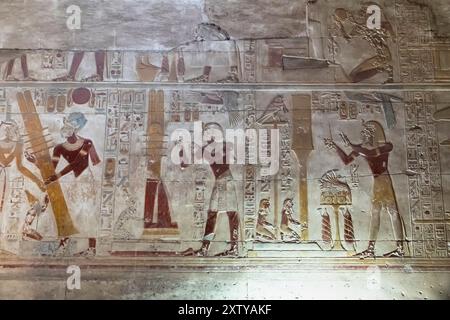 Temple of Abydos, temple of Seti I, inner sanctum, relief and paintings, west bank of Nile, Sohag(Suhag,Suhaj), Egypt, North Africa, Africa Stock Photo