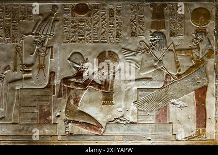 Temple of Abydos, temple of Seti I, inner sanctum, relief and paintings, west bank of Nile, Sohag(Suhag,Suhaj), Egypt, North Africa, Africa Stock Photo