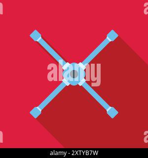 Blue metal cross wheel wrench lying on red background, long shadow design Stock Vector
