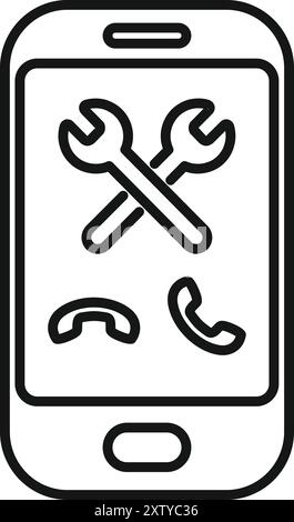 Mobile phone is displaying crossed wrenches, indicating it needs repair, along with phone icons, suggesting a repair service contact Stock Vector
