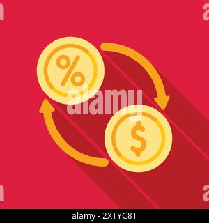 Currency exchange showing percentage converting to dollar with arrows on red background Stock Vector