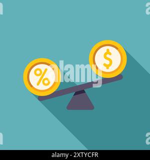 Seesaw balancing percentage symbol with dollar sign coin on turquoise background Stock Vector