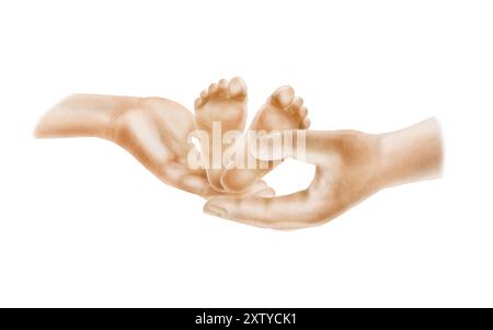 Parents hands holding newborn child feet watercolor isolated illustration. Mother, father and baby as a simbol of family love clipart for Prematurity Stock Photo