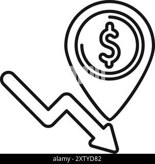 Line art icon of a dollar sign inside a map pointer with a downward trending arrow, representing a decrease in value Stock Vector
