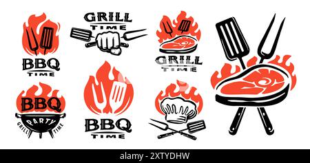 Barbecue set of emblems and badges. Bbq concept, grill food logo for restaurant menu vector illustration Stock Vector