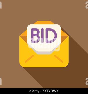 Open yellow mail envelope containing a white paper with the word bid on it, representing a business offer or proposal Stock Vector