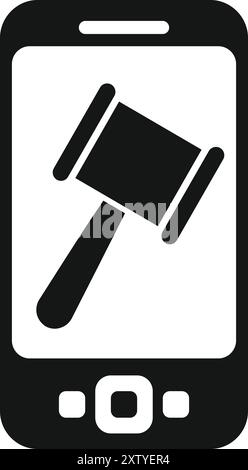 Black and white icon of a smartphone showing a judge's gavel, representing online law or auction services Stock Vector