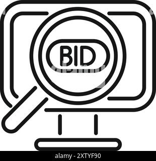 Magnifying glass is focusing on the word bid on a computer screen, representing the concept of online bidding Stock Vector