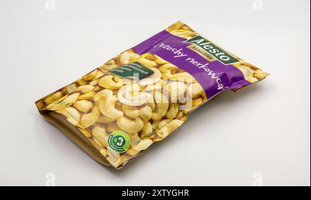 Kyiv, Ukraine - September 24, 2022: Studio shoot of Alesto cashew nuts package closeup against white background. Stock Photo