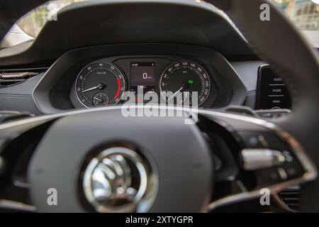 Kyiv, Ukraine - April 14, 2024: Czech new model Skoda Octavia A8 modern car interior dashboard and steering wheel closeup. Technologies, combining lux Stock Photo