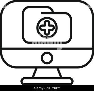 Line icon of a medical record folder displayed on a computer screen, representing online healthcare and digital medical data Stock Vector