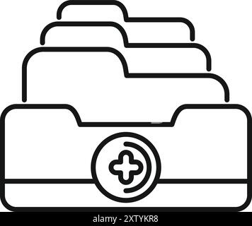 Line art icon of medical folders with a plus sign representing patient data and medical history Stock Vector
